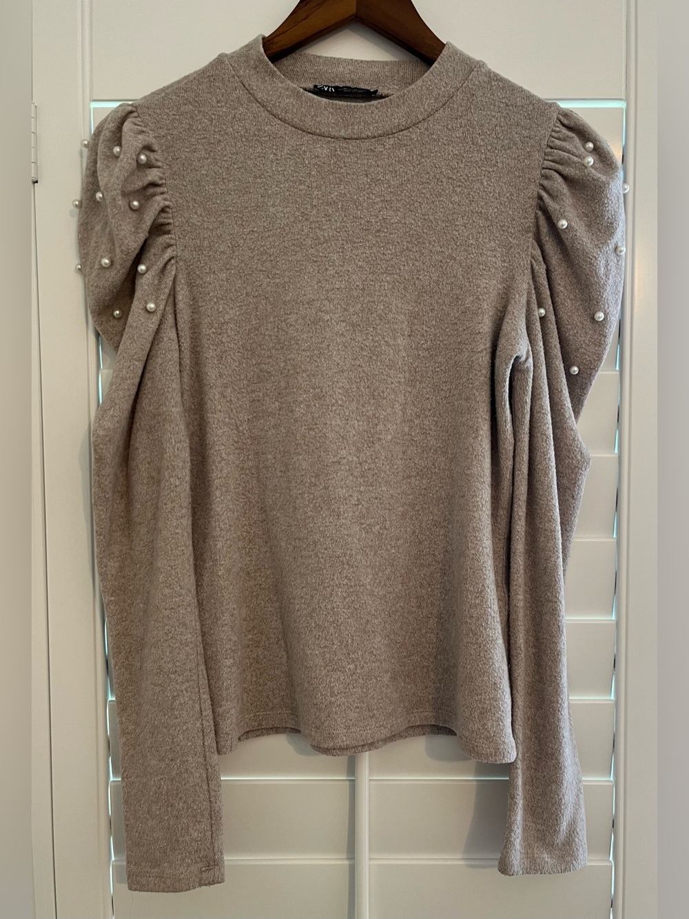 Zara Pearl-Trim Puff Sleeve Crew Sweater - Taupe
